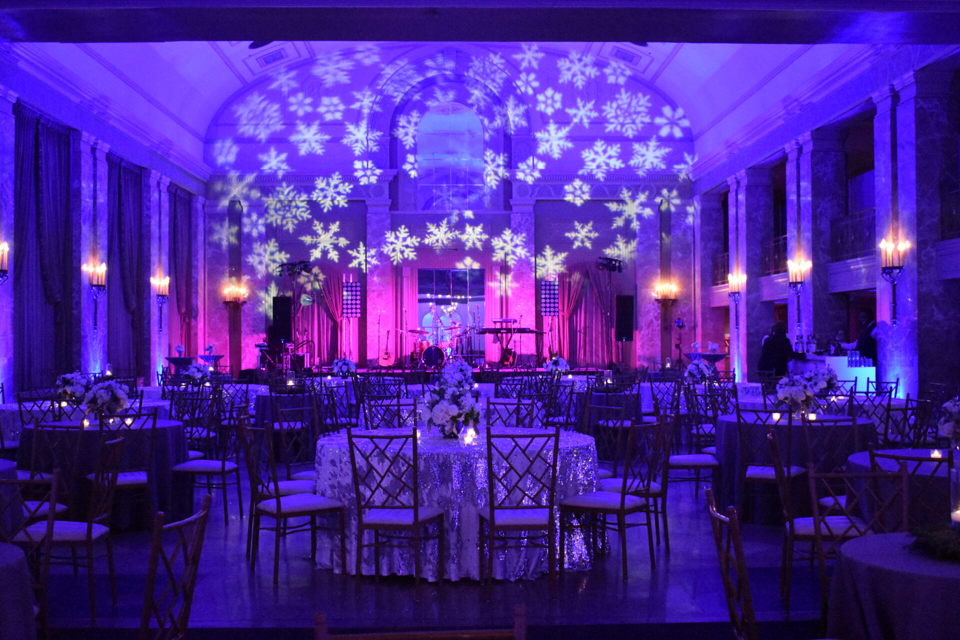 Snowflake blue lighting in the ballroom