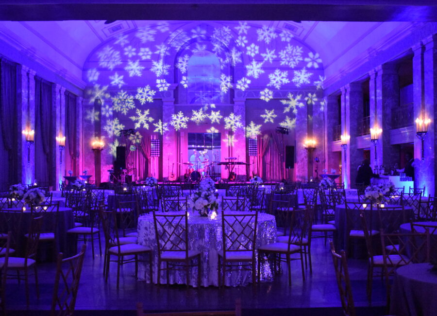 Snowflake blue lighting in the ballroom